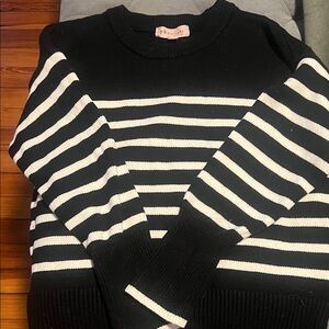 Philosophy Black and White Striped Crew Neck Sweater